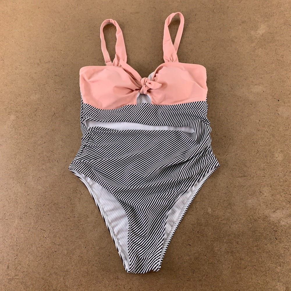 VIVI Fashion Women's Size Small Pink Striped Cut Out One Piece Swimsuit New